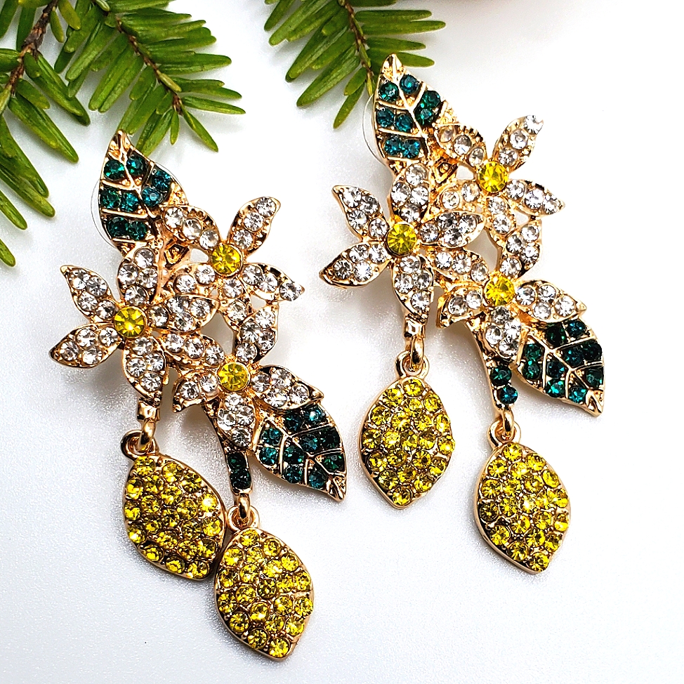 Lemon Crystal Earrings Dangling Flowers Gold Stunning New Rhinestones 28$